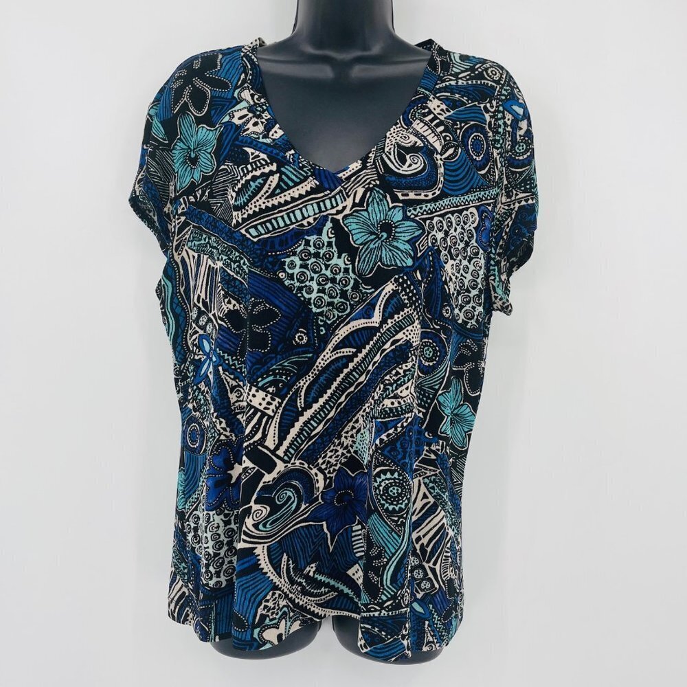 Chico's Additions Women's floral slinky‎ top size L 2 travel abstract blue
